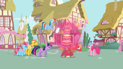 Size: 2000x1125 | Tagged: safe, screencap, character:big mcintosh, character:carrot cake, character:cup cake, character:fluttershy, character:pinkie pie, character:rainbow dash, character:twilight sparkle, character:twilight sparkle (unicorn), species:earth pony, species:pegasus, species:pony, species:unicorn, episode:mmmystery on the friendship express, g4, my little pony: friendship is magic, balancing, cake, female, flying, food, force field, hard hat, hat, magic, male, mare, marzipan mascarpone meringue madness, ponyville, rope, stallion