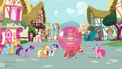 Size: 2000x1125 | Tagged: safe, screencap, character:applejack, character:big mcintosh, character:carrot cake, character:cup cake, character:fluttershy, character:pinkie pie, character:rainbow dash, character:rarity, character:twilight sparkle, character:twilight sparkle (unicorn), species:earth pony, species:pegasus, species:pony, species:unicorn, episode:mmmystery on the friendship express, g4, my little pony: friendship is magic, balancing, cake, female, flying, food, force field, hard hat, hat, magic, male, mane six, mare, marzipan mascarpone meringue madness, ponyville, rope, stallion
