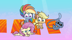 Size: 1920x1080 | Tagged: safe, screencap, character:applejack, character:fluttershy, character:rainbow dash, species:earth pony, species:pegasus, species:pony, episode:cute-pocalypse meow, g4.5, my little pony:pony life, spoiler:pony life s01e03, bubbles (cat), cat