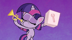 Size: 1920x1080 | Tagged: safe, screencap, character:twilight sparkle, character:twilight sparkle (alicorn), species:alicorn, species:pony, episode:badge of shame, g4.5, my little pony:pony life, spoiler:pony life s01e13, bipedal, horn, horn blowing, musical instrument, solo