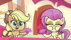 Size: 1280x720 | Tagged: safe, screencap, character:applejack, character:fluttershy, species:earth pony, species:pegasus, species:pony, g4.5, my little pony:pony life, spoiler:pony life s01e07, animated, female, mare, out of context, sound, sugarcube corner, the trail less trotten, webm
