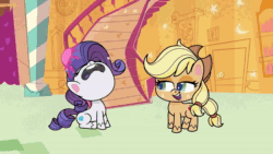Size: 1920x1080 | Tagged: safe, screencap, character:applejack, character:rarity, species:earth pony, species:pony, species:unicorn, episode:princess probz, g4.5, my little pony:pony life, spoiler:pony life s01e01, animated, breaking the fourth wall, crying, looking at you, marshmelodrama, rarity being rarity, sound, webm