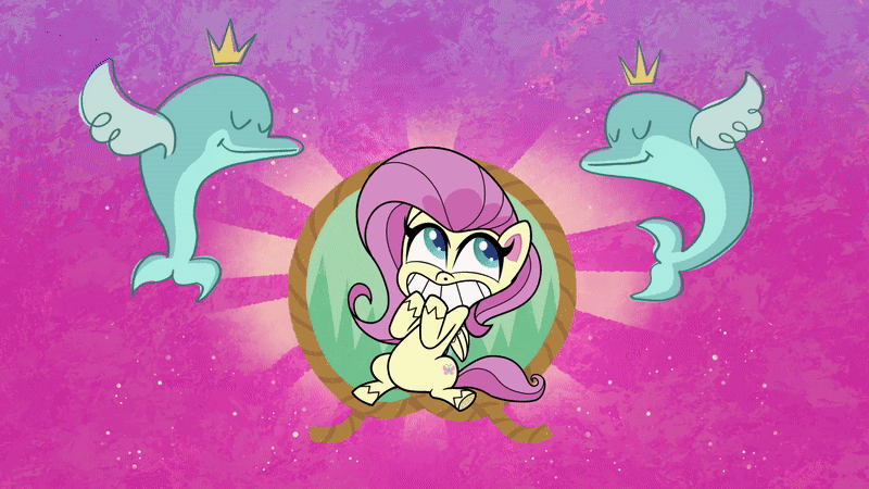 Size: 800x450 | Tagged: safe, screencap, character:fluttershy, species:pegasus, species:pony, g4.5, my little pony:pony life, spoiler:pony life s01e07, animated, cute, dolphin, excited, finn tastic, gif, shyabetes, sitting, the trail less trotten