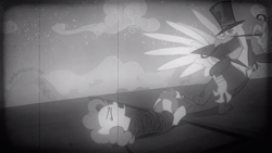 Size: 2000x1125 | Tagged: safe, screencap, character:gustave le grande, character:pinkie pie, species:pony, episode:mmmystery on the friendship express, g4, my little pony: friendship is magic, clothing, dastardly whiplash, eyes closed, facial hair, female, grayscale, gustave le grande, hat, male, mare, monochrome, moustache, parody, peril, retro, rope, tied to tracks, tied up, top hat, train tracks