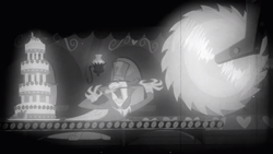 Size: 2000x1125 | Tagged: safe, screencap, character:gustave le grande, species:griffon, episode:mmmystery on the friendship express, g4, my little pony: friendship is magic, cake, circular saw, clothing, conveyor belt, dastardly whiplash, facial hair, food, grayscale, gustave le grande, hat, male, marzipan mascarpone meringue madness, monochrome, moustache, open mouth, parody, retro, solo, top hat