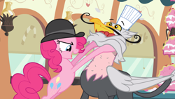 Size: 2000x1125 | Tagged: safe, screencap, character:gustave le grande, character:pinkie pie, species:earth pony, species:griffon, species:pony, episode:mmmystery on the friendship express, g4, my little pony: friendship is magic, bipedal, bowler hat, cartoon physics, clothing, duo, facial hair, female, floating eyebrows, gustave le grande, hat, male, mare, moustache, open mouth, toque