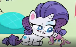 Size: 415x258 | Tagged: safe, screencap, character:fluttershy, character:rarity, species:pegasus, species:pony, species:unicorn, episode:cute-pocalypse meow, g4.5, my little pony:pony life, spoiler:pony life s01e03, cute, female, mare, micro, patting, shyabetes, smug
