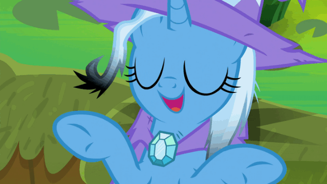Size: 639x360 | Tagged: safe, screencap, character:trixie, episode:a horse shoe-in, g4, my little pony: friendship is magic, adorable face, air quotes, animated, burnt, burnt mane, cape, clothing, cute, diatrixes, eyes closed, gif, hat, implying, messy mane, scuff mark, solo, talking, trixie's cape, trixie's hat