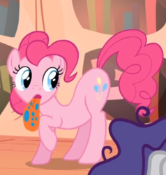 Size: 393x413 | Tagged: safe, screencap, character:pinkie pie, character:rarity, episode:bridle gossip, g4, my little pony: friendship is magic, balloonbutt, butt, cropped, plot, solo focus, spitty pie, tongue out