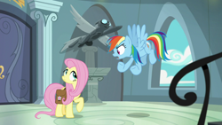 Size: 1920x1080 | Tagged: safe, screencap, character:fluttershy, character:rainbow dash, species:pegasus, species:pony, episode:daring doubt, g4, my little pony: friendship is magic, angry, bag, flying, saddle bag