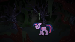 Size: 1360x765 | Tagged: safe, screencap, character:twilight sparkle, character:twilight sparkle (unicorn), species:pony, species:unicorn, bruised, female, forest, journey of the spark, limping, mare, moss, night, raised hoof, scar, scared, shadow, solo, tree, unkempt mane, walking, youtube, youtube link