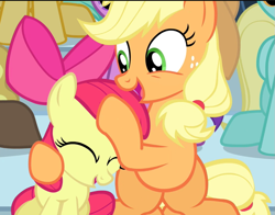 Size: 923x723 | Tagged: safe, screencap, character:apple bloom, character:applejack, episode:equestria games, g4, my little pony: friendship is magic, adorabloom, apple sisters, cropped, cute, duo, eyes closed, jackabetes, noogie, open mouth, siblings, sisters, sitting, smiling