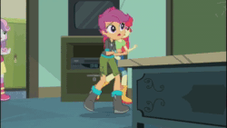 Size: 1280x720 | Tagged: safe, screencap, character:apple bloom, character:cranky doodle donkey, character:scootaloo, character:sweetie belle, species:pegasus, species:pony, episode:happily ever after party, g4, my little pony:equestria girls, animated, belt, boots, clothing, cropped, cutie mark crusaders, desk, door, frown, happily ever after party: rainbow dash, hoodie, jacket, jeans, no sound, pants, pointing, shirt, shoes, shorts, skirt, webm, worried