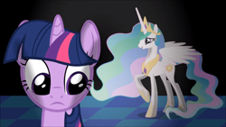 Size: 1360x765 | Tagged: safe, screencap, character:princess celestia, character:twilight sparkle, character:twilight sparkle (unicorn), species:alicorn, species:pony, species:unicorn, black background, checkered floor, crown, ethereal mane, horn, jewelry, journey of the spark, looking down, raised hoof, regalia, shadow, simple background, smiling, spread wings, wings