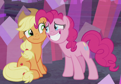 Size: 952x661 | Tagged: safe, screencap, character:applejack, character:pinkie pie, episode:hearthbreakers, g4, my little pony: friendship is magic, cheek squish, cropped, cute, diapinkes, duo, floppy ears, jackabetes, sitting, smiling, squishy cheeks
