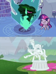 Size: 2289x2989 | Tagged: safe, screencap, character:cozy glow, character:lord tirek, character:queen chrysalis, character:twilight sparkle, character:twilight sparkle (alicorn), species:alicorn, species:pony, episode:the ending of the end, g4, g4.5, my little pony: friendship is magic, my little pony:pony life, spoiler:pony life s01e07, angry, confident, hypocrisy, magic, petrification, statue, the trail less trotten