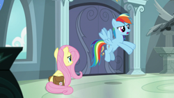Size: 1920x1080 | Tagged: safe, screencap, character:fluttershy, character:rainbow dash, species:pegasus, species:pony, episode:daring doubt, g4, my little pony: friendship is magic, bag, flying, hooves in air, saddle bag, sitting