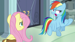 Size: 1920x1080 | Tagged: safe, screencap, character:fluttershy, character:rainbow dash, species:pegasus, species:pony, episode:daring doubt, g4, my little pony: friendship is magic, bag, flying, hooves in air, saddle bag, sitting, unamused