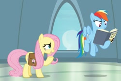 Size: 1317x878 | Tagged: safe, screencap, character:fluttershy, character:rainbow dash, species:pegasus, species:pony, episode:daring doubt, g4, my little pony: friendship is magic, bag, book, cropped, duo, saddle bag, window