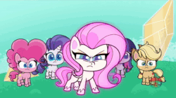 Size: 1920x1078 | Tagged: safe, screencap, character:applejack, character:dishwater slog, character:fluttershy, character:pinkie pie, character:rainbow dash, character:rarity, character:twilight sparkle, character:twilight sparkle (alicorn), species:alicorn, species:earth pony, species:pegasus, species:pony, species:unicorn, episode:the best of the worst, g4.5, my little pony:pony life, spoiler:pony life s01e02, angry, animated, animation error, behaving like a cat, colt, female, fluttershy is not amused, flying, giant pony, giantess, giantshy, growth, macro, male, mare, shrinking, smallfry, sound, stallion, treehouse logo, webm