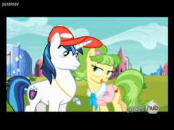 Size: 1024x768 | Tagged: safe, screencap, character:chickadee, character:ms. peachbottom, character:shining armor, episode:games ponies play, g4, my little pony: friendship is magic, bedroom eyes, eyes on the prize, flirting, out of context