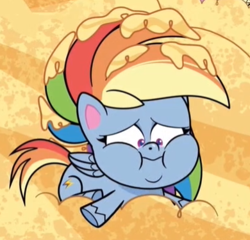 Size: 390x375 | Tagged: safe, screencap, character:rainbow dash, species:pegasus, species:pony, episode:princess probz, g4.5, my little pony:pony life, spoiler:pony life s01e01, cropped, double chin, fat, flan, food, pudding, rainblob dash, solo, weight gain