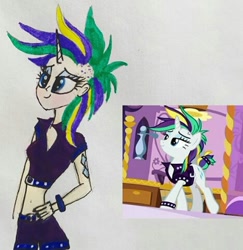 Size: 468x481 | Tagged: safe, artist:lunaart, screencap, character:rarity, species:human, alternate hairstyle, belly button, cutie mark on human, horn, horned humanization, humanized, midriff, punk, punkity, screencap reference, solo, traditional art