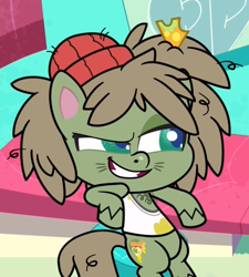 Size: 526x584 | Tagged: safe, screencap, character:dishwater slog, species:earth pony, species:pony, episode:the best of the worst, g4.5, my little pony:pony life, spoiler:pony life s01e02, bipedal, bipedal leaning, chest hair, cropped, dirty, leaning, male, smug, solo, stallion