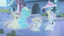 Size: 2000x1125 | Tagged: safe, screencap, character:bright smile, character:fleur de verre, character:glass slipper, character:ivory, character:ivory rook, species:crystal pony, species:pony, episode:the crystal empire, g4, my little pony: friendship is magic, crystallized, eyes closed, female, filly, foal, male, mare, opal bloom, stallion