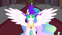 Size: 2000x1124 | Tagged: safe, screencap, character:princess celestia, species:alicorn, species:pony, episode:the crystal empire, g4, my little pony: friendship is magic, dark magic, ethereal mane, female, glowing horn, horn, magic, mare, peytral, possessed, possesstia, solo, sombra eyes, spread wings, wings