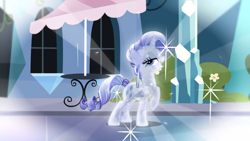 Size: 2000x1125 | Tagged: safe, screencap, character:rarity, species:crystal pony, species:pony, episode:the crystal empire, g4, my little pony: friendship is magic, alternate hairstyle, crystal rarity, crystallized, ear piercing, earring, grin, jewelry, lidded eyes, outfit catalog, piercing, raised hoof, smiling, solo, sparkles