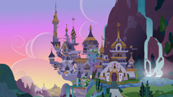 Size: 2000x1125 | Tagged: safe, screencap, episode:the crystal empire, g4, my little pony: friendship is magic, canterlot, castle, city, dawn, drawbridge, no pony, scenery, tower, waterfall