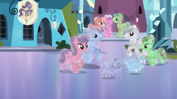 Size: 2000x1125 | Tagged: safe, screencap, character:crystal arrow, character:paradise (g4), character:rook ramparts, species:crystal pony, species:pony, species:sheep, episode:the crystal empire, g4, my little pony: friendship is magic, amberlocks, background pony, crystal empire, esmeralda (character), female, male, mare, sapphire rose, stallion, tiny ewes, zirconic