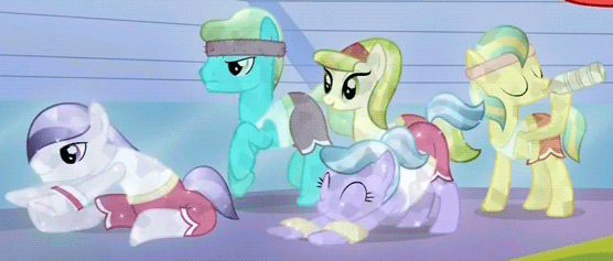 Size: 556x237 | Tagged: safe, screencap, character:bright smile, species:crystal pony, species:pony, episode:games ponies play, g4, my little pony: friendship is magic, animated, background pony, drinking, female, long jump, male, mare, periwinkle pace, rapid rush, running, stallion, stretching, sunshine splash, toastie