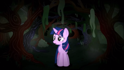 Size: 1360x765 | Tagged: safe, screencap, character:twilight sparkle, character:twilight sparkle (unicorn), species:pony, species:unicorn, female, fog, forest, front view, journey of the spark, looking around, mare, messy mane, moss, night, open mouth, scar, scared, tree, youtube, youtube link