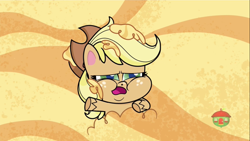 Size: 1366x768 | Tagged: safe, screencap, character:applejack, species:earth pony, species:pony, episode:princess probz, g4.5, my little pony:pony life, spoiler:pony life s01e01, applefat, chubby cheeks, double chin, fat, female, flan, food, mare, pudding, solo, treehouse logo