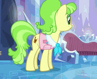 Size: 324x262 | Tagged: safe, screencap, character:chickadee, character:ms. peachbottom, species:earth pony, species:pony, episode:games ponies play, g4, my little pony: friendship is magic, animated, balancing, couch, crystal empire, prancing, solo, stretching, trotting, trotting in place, worried