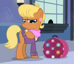 Size: 520x447 | Tagged: safe, screencap, character:ms. harshwhinny, species:earth pony, species:pony, episode:games ponies play, g4, my little pony: friendship is magic, female, floral print, games inspector, luggage, solo, suitcase, watch