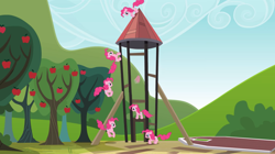 Size: 2000x1123 | Tagged: safe, screencap, character:pinkie pie, species:earth pony, species:pony, episode:too many pinkie pies, g4, my little pony: friendship is magic, apple, apple tree, clone, female, mare, pinkie clone, tree