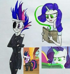 Size: 442x465 | Tagged: safe, artist:lunaart, screencap, character:rarity, character:twilight sparkle, species:human, episode:inspiration manifestation, episode:it's about time, g4, my little pony: friendship is magic, glowing eyes, greedity, horn, horned humanization, humanized, scene interpretation, screencap reference, traditional art