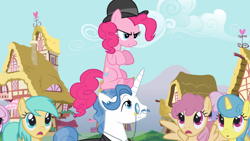 Size: 2000x1125 | Tagged: safe, screencap, character:dizzy twister, character:fancypants, character:lemon hearts, character:orange swirl, character:pinkie pie, character:sunshower raindrops, species:earth pony, species:pegasus, species:pony, species:unicorn, episode:too many pinkie pies, g4, my little pony: friendship is magic, bowler hat, clone, clothing, female, frown, hat, male, mare, monocle, pinkie clone, sitting on head, stallion