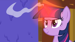 Size: 2000x1125 | Tagged: safe, screencap, character:twilight sparkle, character:twilight sparkle (unicorn), species:pony, species:unicorn, episode:too many pinkie pies, g4, my little pony: friendship is magic, female, glowing horn, horn, mare, red hot, smilin, smiling, smoke, smoking horn