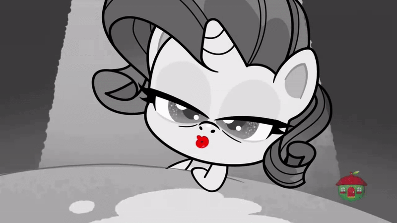 Size: 800x449 | Tagged: safe, screencap, character:pinkie pie, character:rarity, species:earth pony, species:pony, species:unicorn, episode:princess probz, g4.5, my little pony:pony life, spoiler:pony life s01e01, animated, black and white, blowing a kiss, grayscale, monochrome, musical instrument, noir, out of context, partial color, rarity being rarity, red lipstick, saxophone, talking, treehouse logo