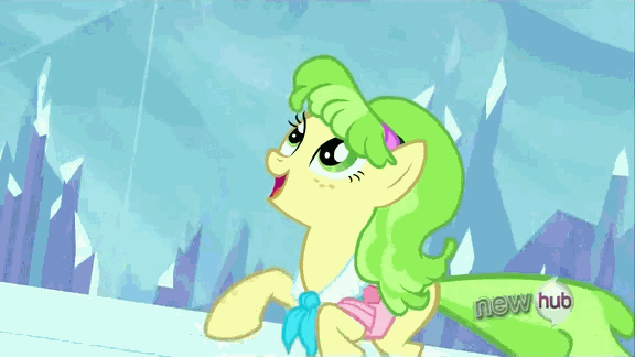 Size: 576x324 | Tagged: safe, screencap, character:chickadee, character:ms. peachbottom, species:crystal pony, species:pony, episode:games ponies play, g4, my little pony: friendship is magic, animated, berry splash, games inspector, looking up, open mouth, pushing, rapid rush, running, smiling, sunshine splash, talking, wide eyes