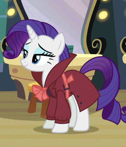Size: 443x517 | Tagged: safe, screencap, character:rarity, species:pony, species:unicorn, episode:rarity investigates, g4, my little pony: friendship is magic, animated, blinking, clothing, cropped, detective rarity, solo, trenchcoat
