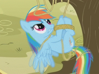 Size: 320x240 | Tagged: safe, screencap, character:rainbow dash, episode:fall weather friends, g4, my little pony: friendship is magic, animated, bondage, hogtied, invisible stallion, out of context, rope, solo, suspended, tied up