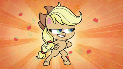 Size: 1920x1080 | Tagged: safe, screencap, character:applejack, species:earth pony, species:pony, g4.5, my little pony:pony life, female, hooves on hips, mare, orange background, simple background, solo