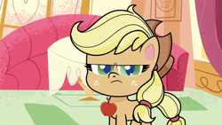 Size: 1920x1080 | Tagged: safe, screencap, character:applejack, species:earth pony, species:pony, g4.5, my little pony:pony life, spoiler:pony life s01e07, apple, applejack is not amused, female, food, frown, glare, grumpy, looking at you, mare, narrowed eyes, solo, the trail less trotten, unamused