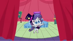 Size: 1231x693 | Tagged: safe, screencap, character:rarity, species:pony, species:unicorn, episode:disappearing act, g4.5, my little pony:pony life, spoiler:pony life s01e12, clothing, hat, magic act, magic wand, magician, magician outfit, magician rarity, stage, top hat