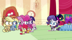 Size: 1920x1080 | Tagged: safe, screencap, character:apple bloom, character:applejack, character:fluttershy, character:pinkie pie, character:rainbow dash, character:rarity, character:scootaloo, character:sweetie belle, character:twilight sparkle, character:twilight sparkle (alicorn), species:alicorn, species:earth pony, species:pegasus, species:pony, species:unicorn, episode:disappearing act, g4.5, my little pony:pony life, spoiler:pony life s01e12, clothing, cutie mark crusaders, female, filly, hat, magician, magician outfit, magician rarity, mare, missing cutie mark, top hat
